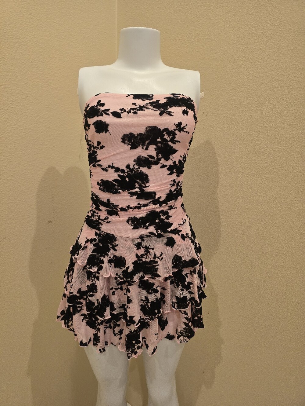Strapless Pink & Black Floral Mini Dress
